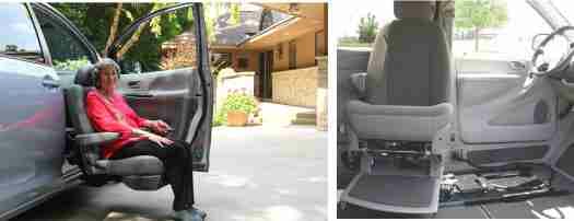 Lady sitting in turny evo mobility seat in a van and image of handicap transfer seat installed in a van