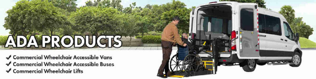 Banner image of man pushing man in wheelchair onto wheelchair lift with trees in background