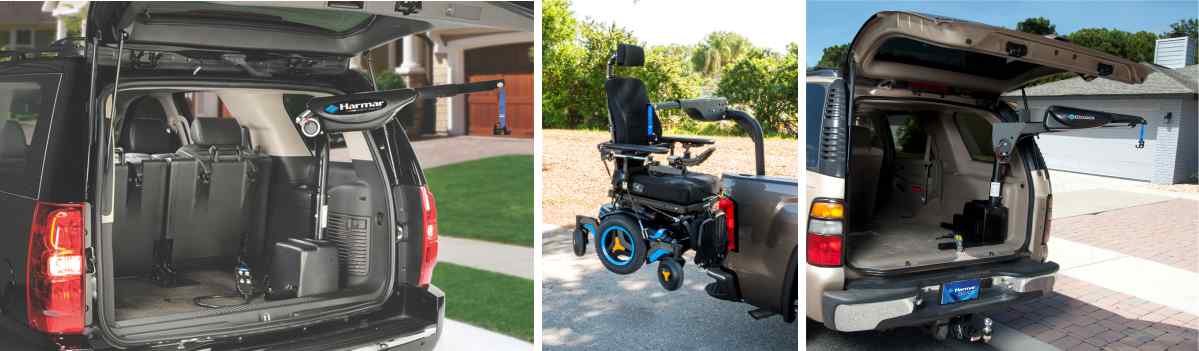 Harmar AL425 wheelchair & mobility scooter lift installed inside a black and gold SUV in front of a house