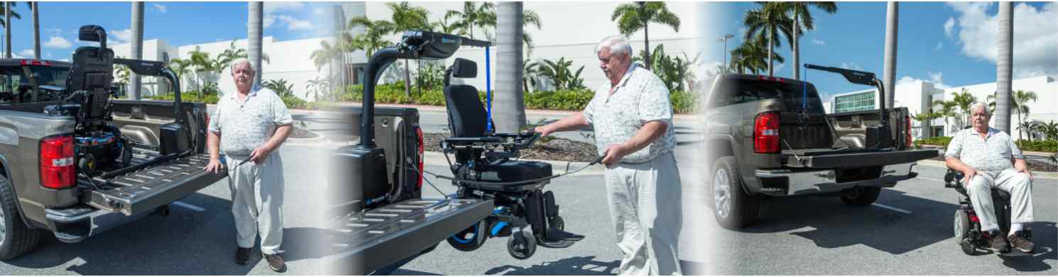 Three images of a man unloading his mobility scooter in a parking lot using the harmar AL450HD lift