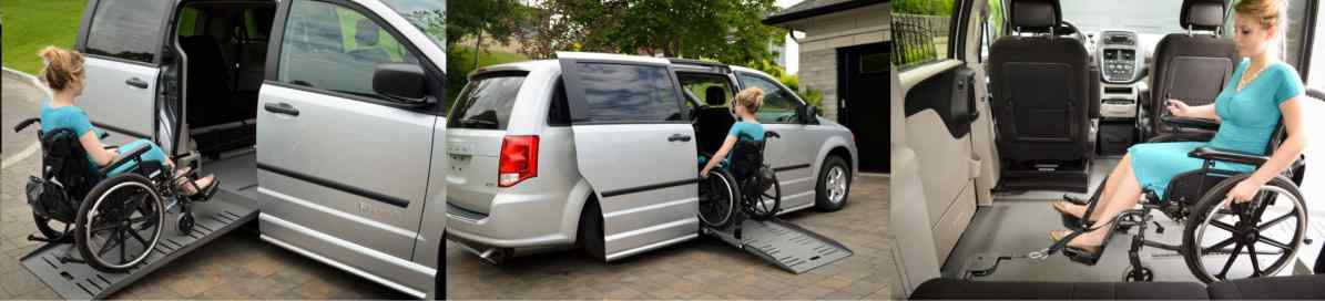 lady in blue dress siting in wheelchair using power-pull ramp assist device from adapt solutions to enter her white minivan