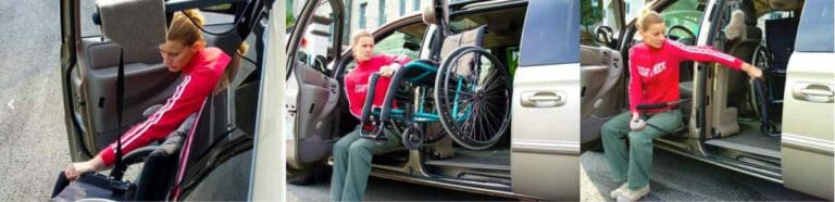 Adapt solutions Hi-Lift manual wheelchair lift installed in a minivan with a lady in red shirt loading her wheelchair