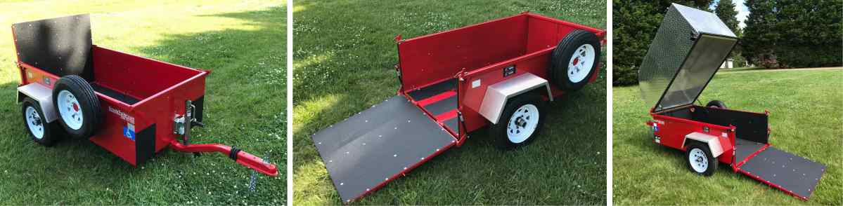 Three images of a red Scootatrailer wheelchair transport trailer sitting on green grass