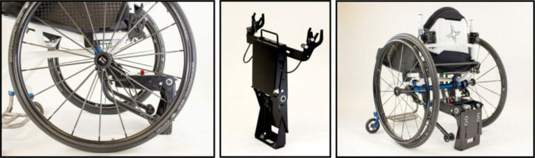 Three images showing a B&D manual wheelchair restraint system for inside a van