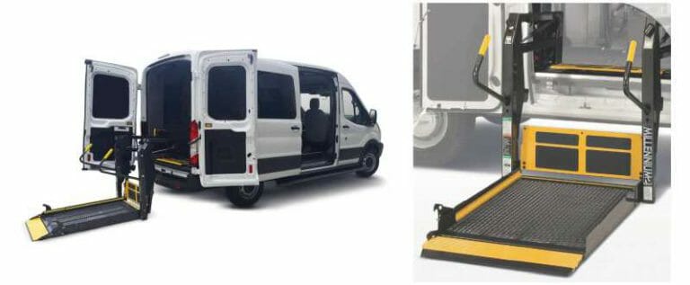 exterior image of ford transit, ADA wheelchair van with wheelchair lift out from rear and closeup image of the wheelchair lift