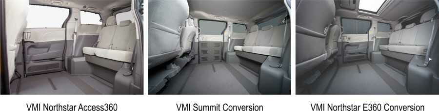 Three images side by side showing the interior seating options of a VMI Toyota wheelchair accessible van