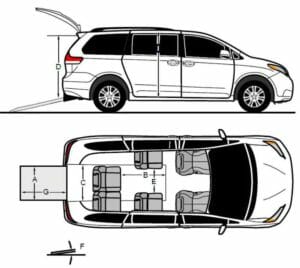 CAD drawing of BraunAbility Toyota rear-entry wheelchair van showing dimensions of conversion