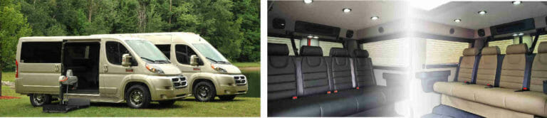 Group image of the outside of two Ramp Promaster wheelchair vans and two images of the interior