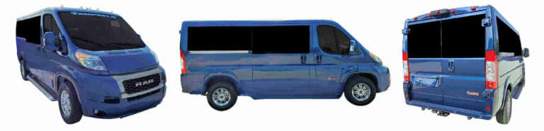 Three external images of a blue Ram Promaster with Tempest wheelchair van conversion