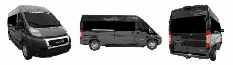 Three external images of black Dodge promaster with Tempest wheelchair van conversion