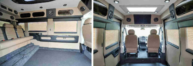 Interior images of Dodge Promaster luxury wheelchair van with Tempest conversion