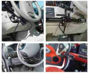 four images of hand controls installed in a vehicle