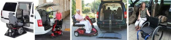Images of people using different types of interior mounted automotive wheelchair lifts