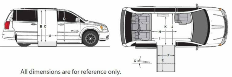 drawing of diagram showing dimensions of a Braun Dodge Caravan Wheelchair Van