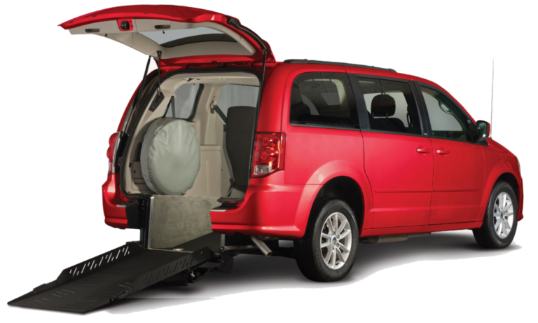 Red Dodge Caravan rear entry wheelchair van with ramp out