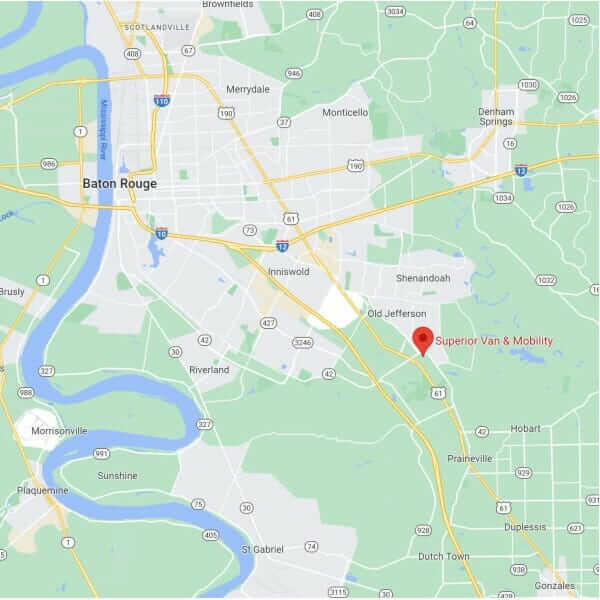 Google map showing location of Superior Van & Mobility in relation to city of Baton Rouge, Louisiana.
