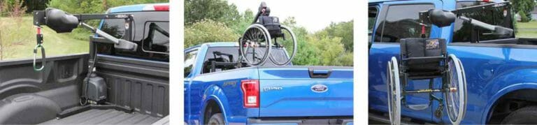 3 images of Bruno Out-rider wheelchair lift in a blue pickup truck