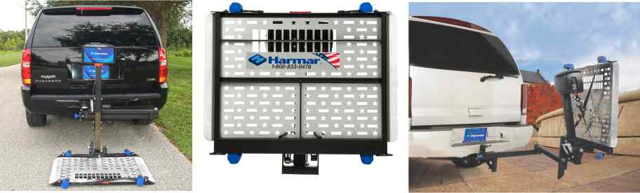 Three photos showing Harmar AL500 scooter carriers on vehicles