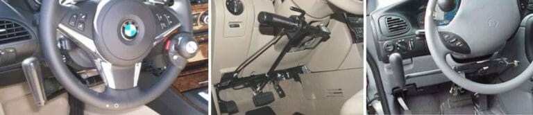 Three images of adaptive equipment. Three types of mechanical hand controls installed in vehicles