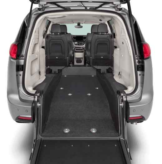 Rear image of a Chrysler pacifica, rear-entry wheelchair van looking from the hatch forward