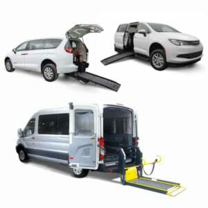 ADA rear-entry minivan, side-entry ADA minivan & full-size ADA wheelchair van in a group photo.