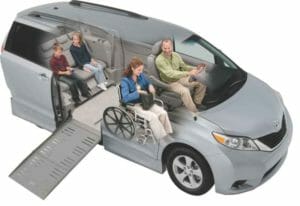 Expanded view inside a wheelchair van with a family inside showing seating arrangements