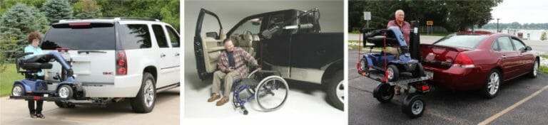 3 photos of exterior wheelchair carriers and scooter carriers & Lifts on a car, truck, SUV
