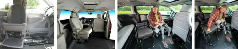 Images showing transfer seating and a guy in a wheelchair transferring from his chair into his vehicles driver's seat.