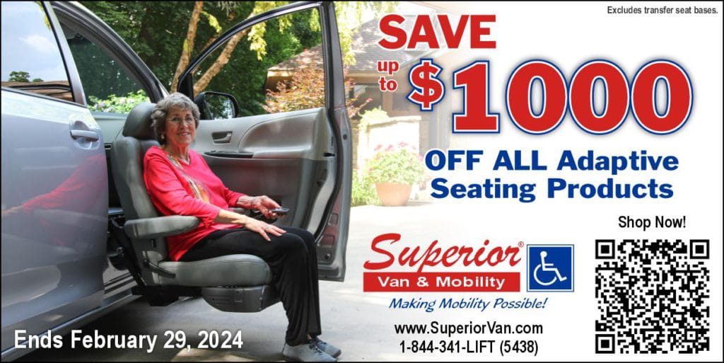 Woman in Mobility Seat in a car with Save $1000 off all adaptive seating products.