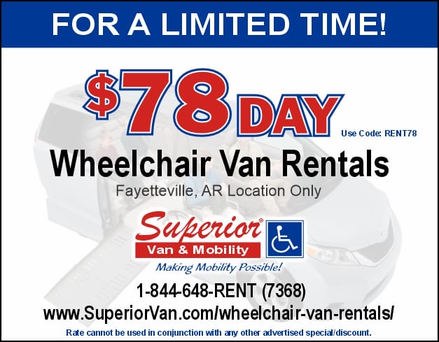 For a Limited Time, $78/day wheelchair van rentals in Fayetteville, AR