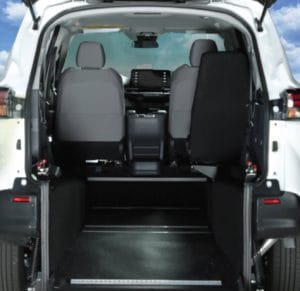Looking into the rear of a white Toyota Sienna Hybrid wheelchair van.